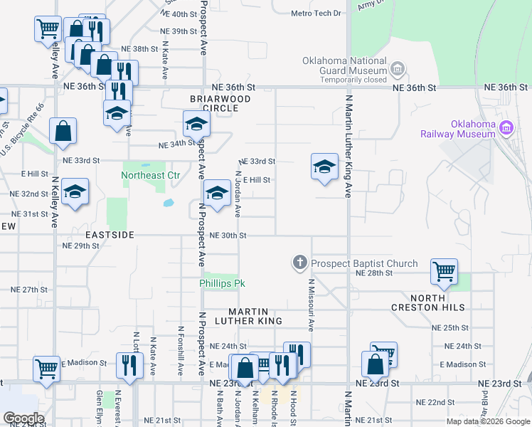 map of restaurants, bars, coffee shops, grocery stores, and more near 1632 Northeast 32nd Street in Oklahoma City
