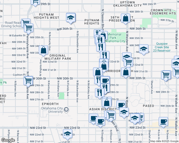 map of restaurants, bars, coffee shops, grocery stores, and more near 1437 Northwest 31st Street in Oklahoma City