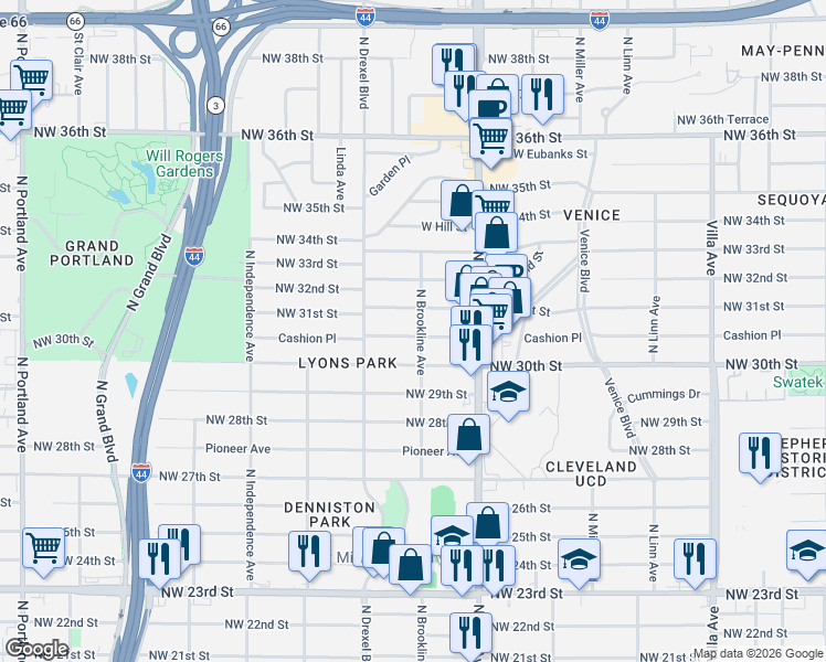 map of restaurants, bars, coffee shops, grocery stores, and more near 2940 Northwest 31st Street in Oklahoma City