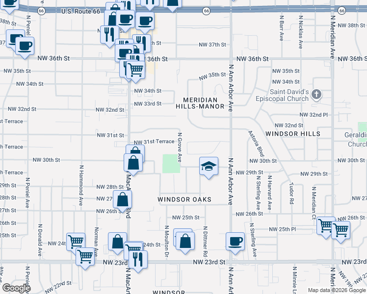 map of restaurants, bars, coffee shops, grocery stores, and more near 4981 Northwest 31st Terrace in Oklahoma City