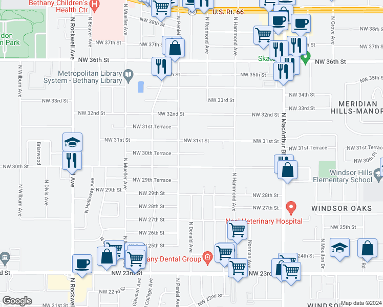 map of restaurants, bars, coffee shops, grocery stores, and more near 6404 Northwest 31st Street in Bethany