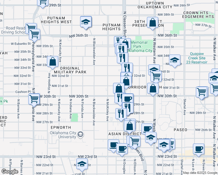 map of restaurants, bars, coffee shops, grocery stores, and more near 1437 Northwest 31st Street in Oklahoma City