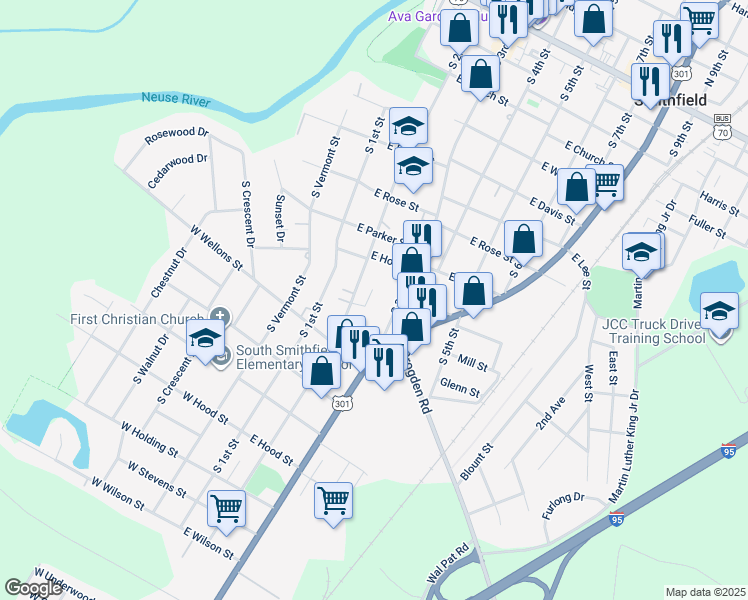 map of restaurants, bars, coffee shops, grocery stores, and more near 10 Southwood Drive in Smithfield