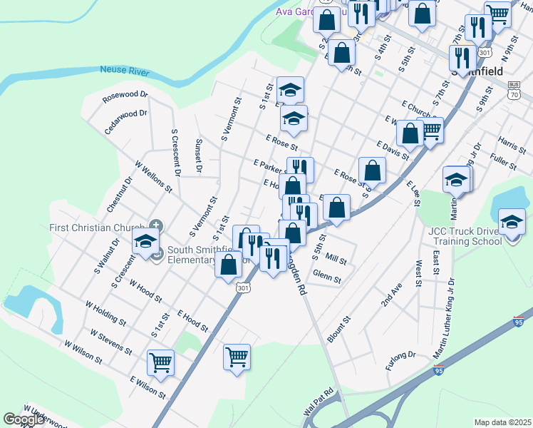 map of restaurants, bars, coffee shops, grocery stores, and more near 10 Southwood Drive in Smithfield