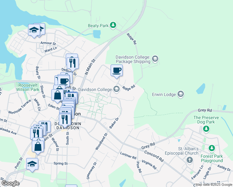 map of restaurants, bars, coffee shops, grocery stores, and more near 405 North Main Street in Davidson