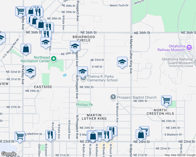 map of restaurants, bars, coffee shops, grocery stores, and more near 1632 Northeast 32nd Street in Oklahoma City