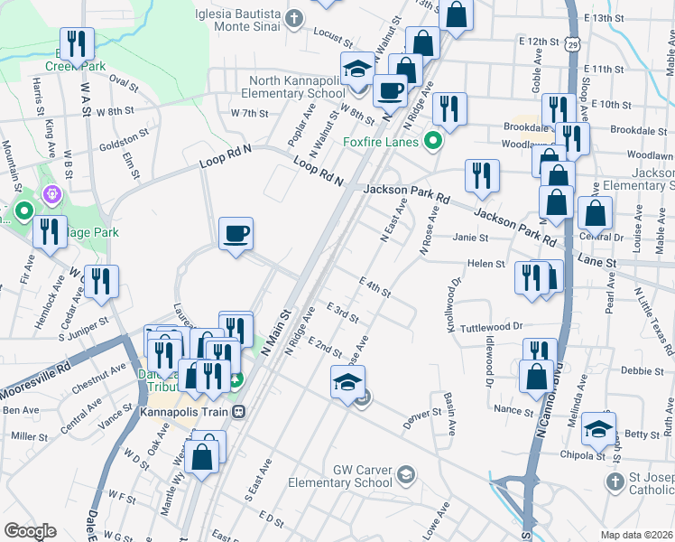 map of restaurants, bars, coffee shops, grocery stores, and more near 400 North Ridge Avenue in Kannapolis