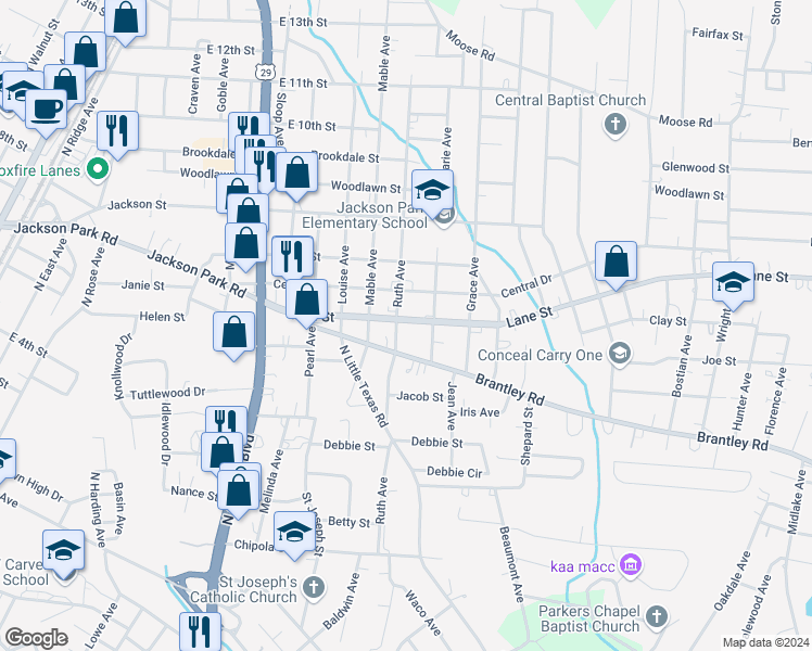 map of restaurants, bars, coffee shops, grocery stores, and more near 1302 Lane Street in Kannapolis