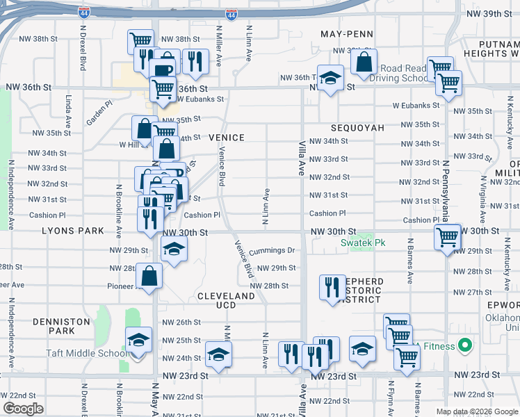 map of restaurants, bars, coffee shops, grocery stores, and more near 2540 Northwest 31st Street in Oklahoma City
