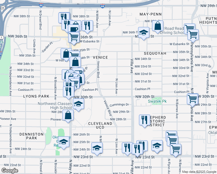 map of restaurants, bars, coffee shops, grocery stores, and more near 2620 Northwest 31st Street in Oklahoma City
