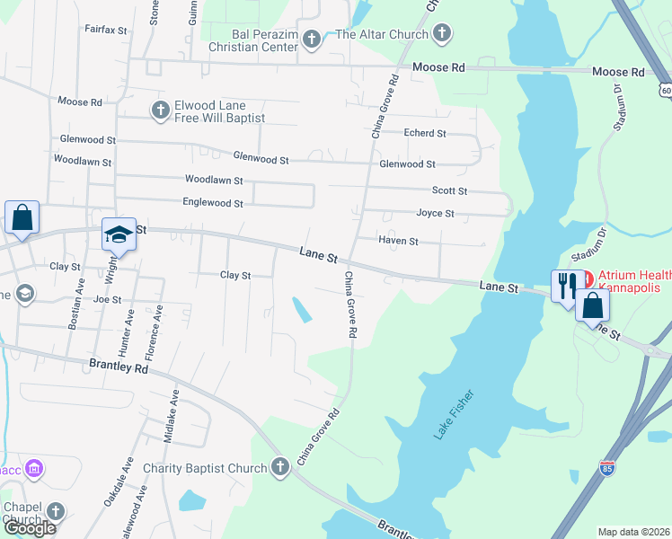 map of restaurants, bars, coffee shops, grocery stores, and more near 2428 Lane Street in Kannapolis