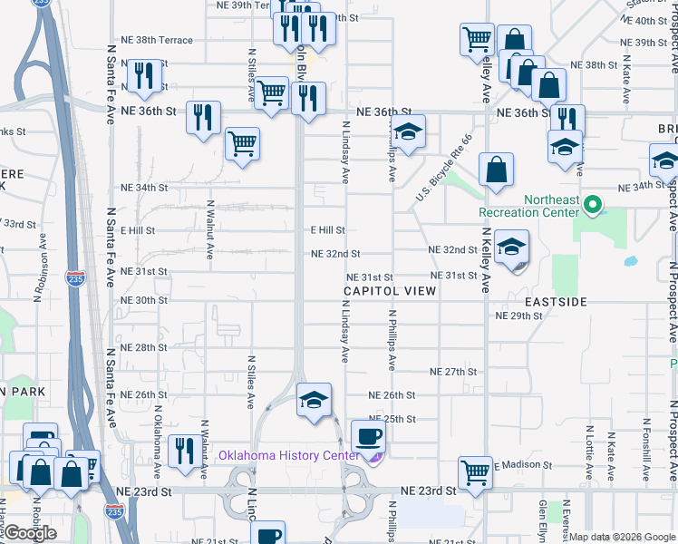 map of restaurants, bars, coffee shops, grocery stores, and more near 3217 North Lindsay Avenue in Oklahoma City