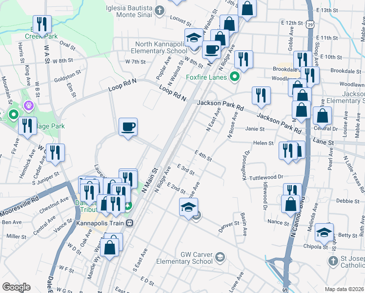 map of restaurants, bars, coffee shops, grocery stores, and more near 400 North Ridge Avenue in Kannapolis