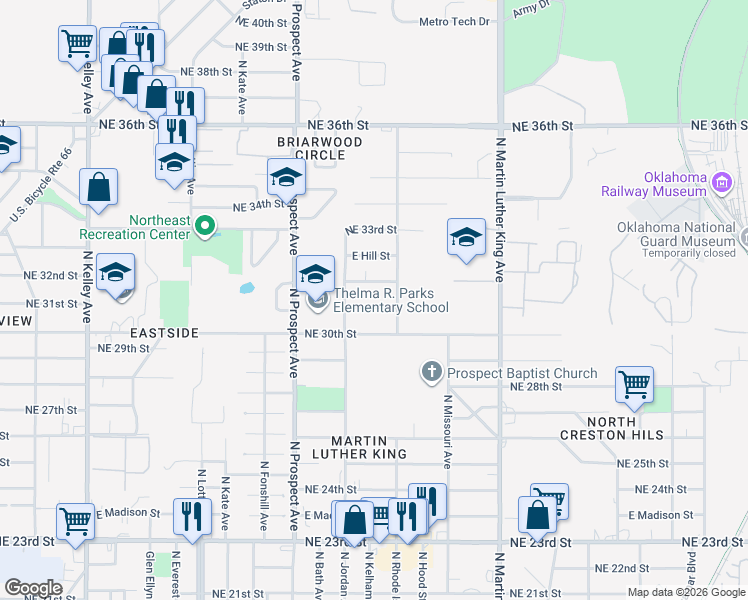 map of restaurants, bars, coffee shops, grocery stores, and more near 1632 Northeast 32nd Street in Oklahoma City