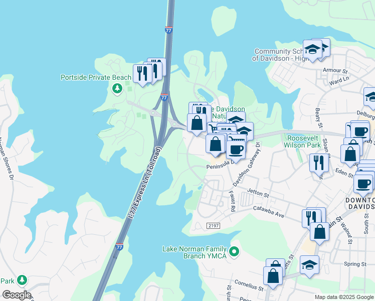 map of restaurants, bars, coffee shops, grocery stores, and more near 372 Davidson Gateway Dr in Davidson