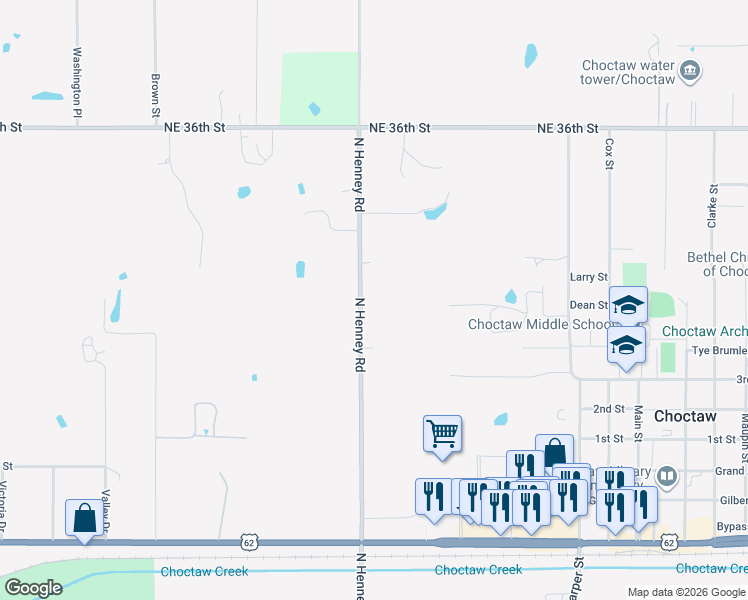 map of restaurants, bars, coffee shops, grocery stores, and more near 3076 North Henney Road in Choctaw
