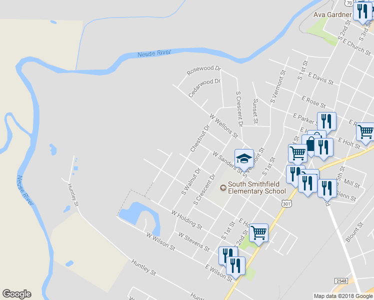 map of restaurants, bars, coffee shops, grocery stores, and more near 1012 Chestnut Drive in Smithfield