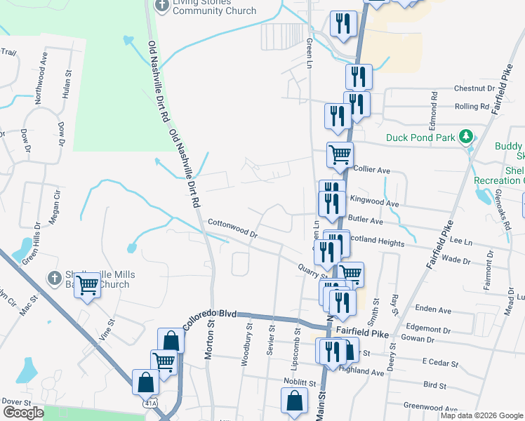 map of restaurants, bars, coffee shops, grocery stores, and more near 200 Bridlewood Drive in Shelbyville