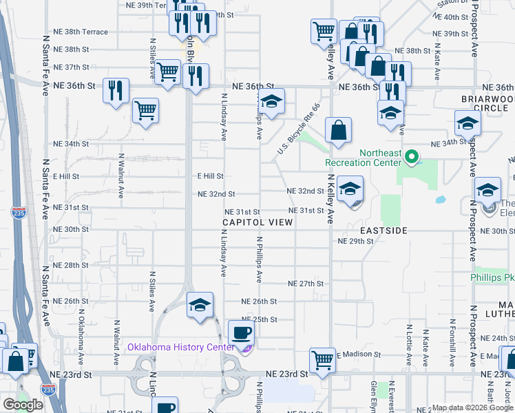 map of restaurants, bars, coffee shops, grocery stores, and more near 800 Northeast 32nd Street in Oklahoma City