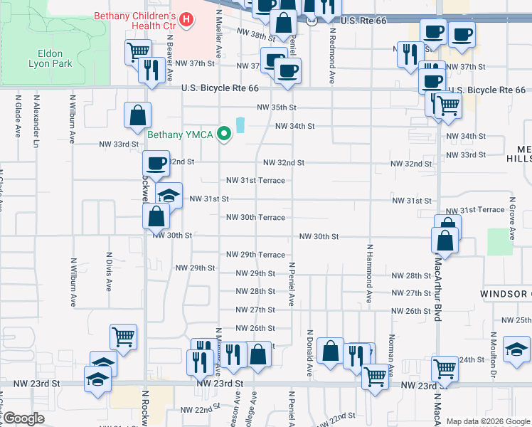 map of restaurants, bars, coffee shops, grocery stores, and more near 6602 Northwest 31st Street in Bethany