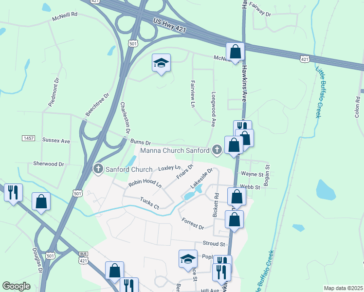 map of restaurants, bars, coffee shops, grocery stores, and more near 1212 Burns Drive in Sanford