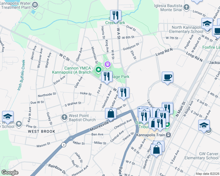 map of restaurants, bars, coffee shops, grocery stores, and more near 863 West C Street in Kannapolis