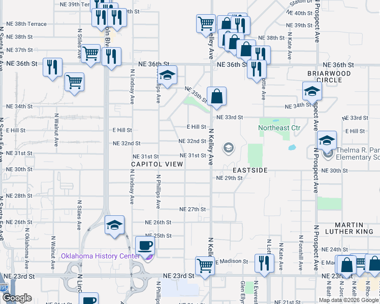 map of restaurants, bars, coffee shops, grocery stores, and more near 928 Northeast 32nd Street in Oklahoma City