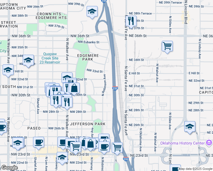 map of restaurants, bars, coffee shops, grocery stores, and more near 124 Northwest 32nd Street in Oklahoma City