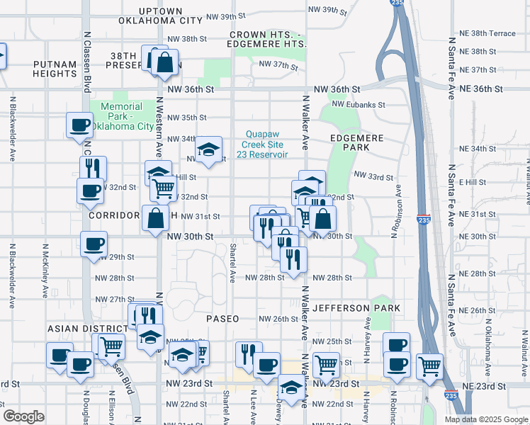 map of restaurants, bars, coffee shops, grocery stores, and more near 612 Northwest 32nd Street in Oklahoma City