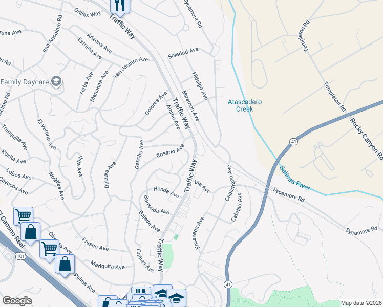 map of restaurants, bars, coffee shops, grocery stores, and more near 5085 Alamo Avenue in Atascadero