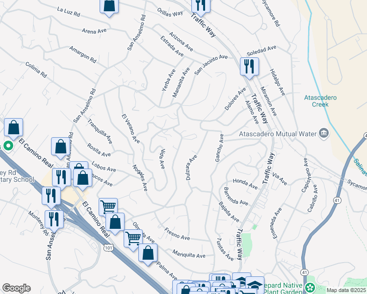 map of restaurants, bars, coffee shops, grocery stores, and more near 5125 San Jacinto Avenue in Atascadero