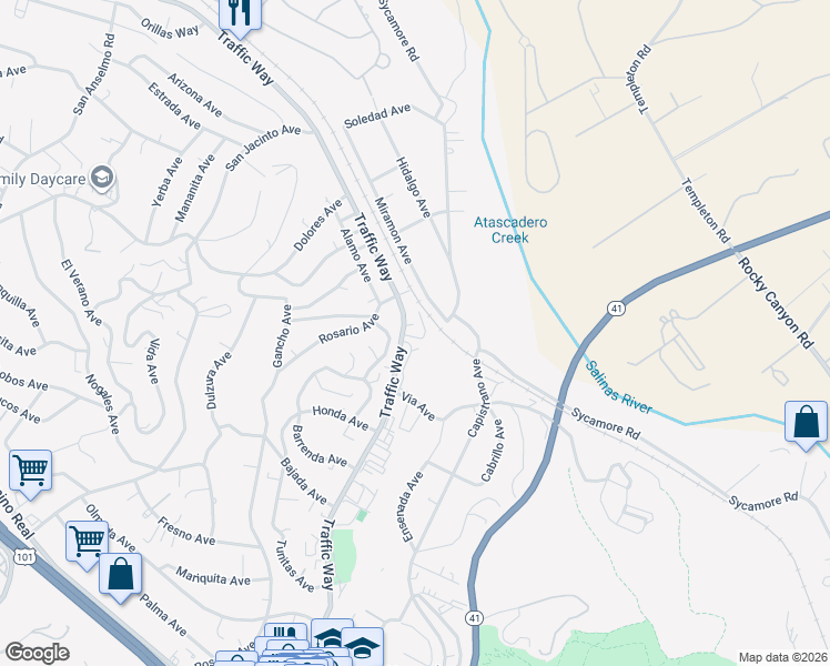 map of restaurants, bars, coffee shops, grocery stores, and more near 5145 Traffic Way in Atascadero