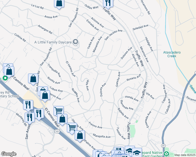 map of restaurants, bars, coffee shops, grocery stores, and more near 5125 San Jacinto Avenue in Atascadero