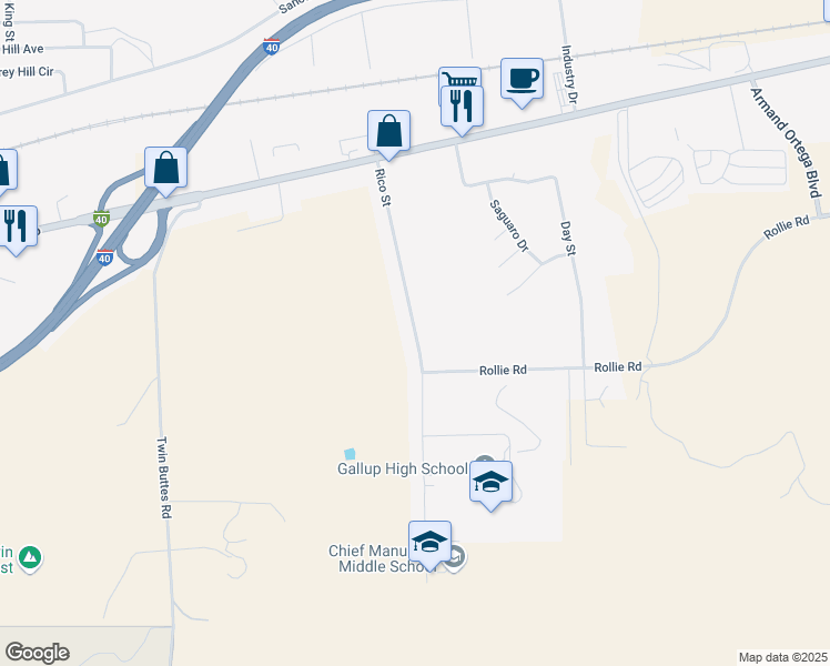 map of restaurants, bars, coffee shops, grocery stores, and more near Rico Street in Gallup