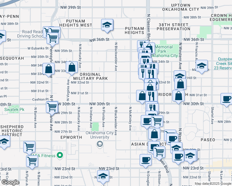 map of restaurants, bars, coffee shops, grocery stores, and more near 1600 Northwest 31st Street in Oklahoma City