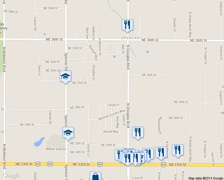 map of restaurants, bars, coffee shops, grocery stores, and more near 3135 North Douglas Boulevard in Spencer