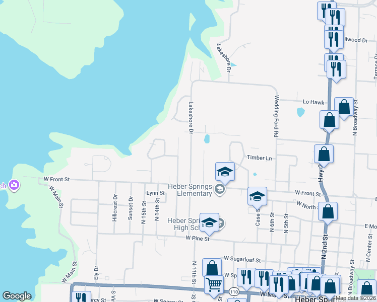 map of restaurants, bars, coffee shops, grocery stores, and more near 1016 Lakeshore Drive in Heber Springs