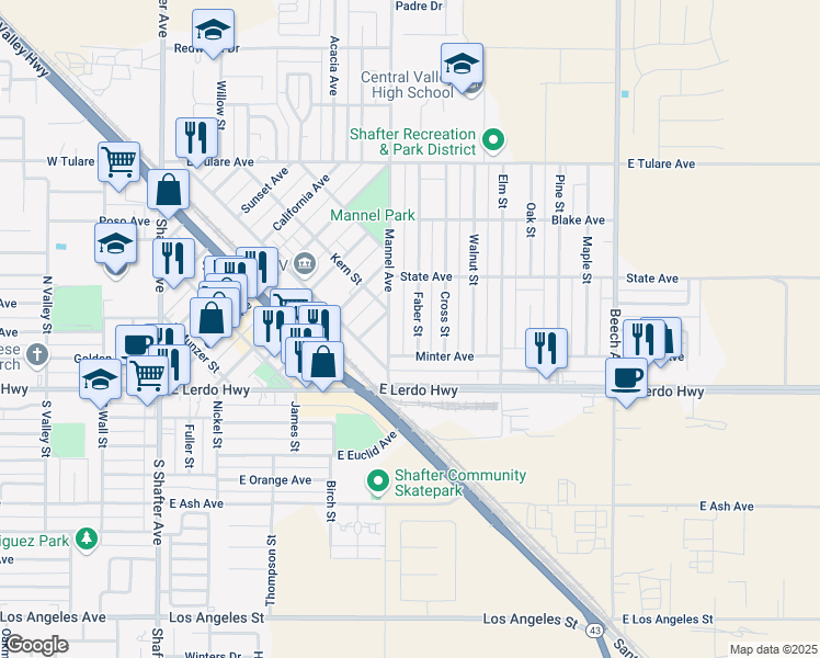 map of restaurants, bars, coffee shops, grocery stores, and more near 242 Faber Street in Shafter