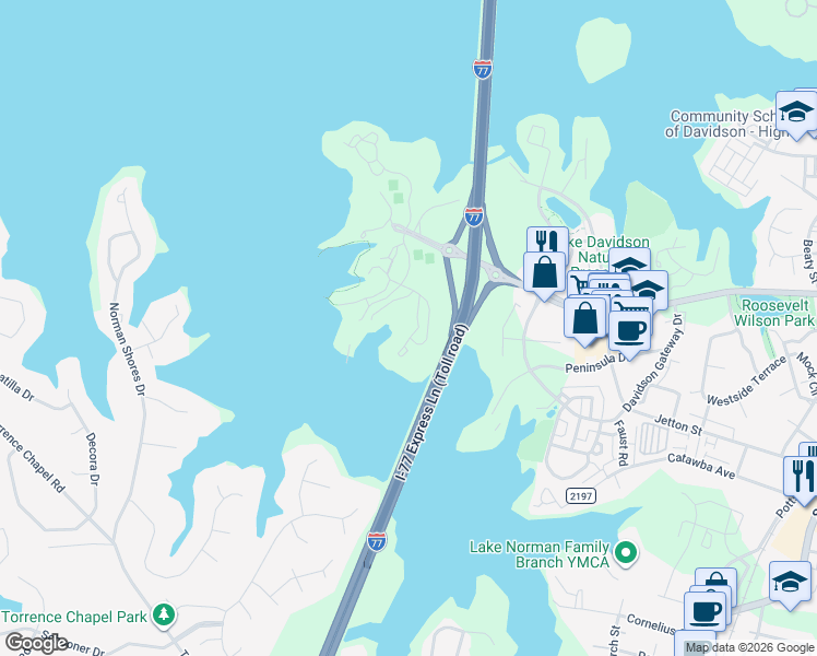 map of restaurants, bars, coffee shops, grocery stores, and more near 1064 Southwest Drive in Davidson