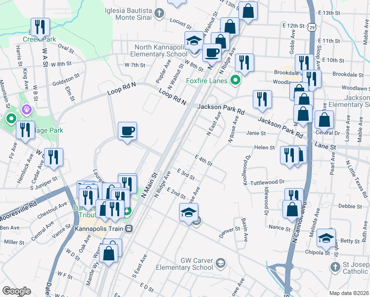 map of restaurants, bars, coffee shops, grocery stores, and more near 400 North Ridge Avenue in Kannapolis