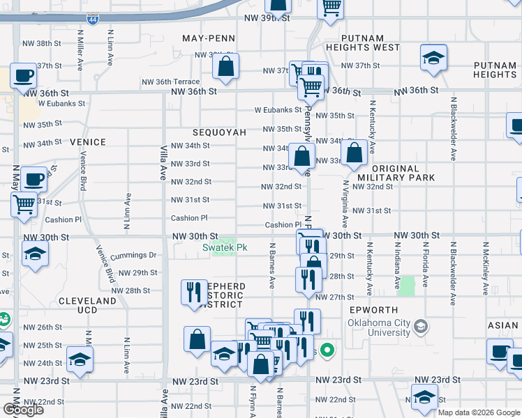 map of restaurants, bars, coffee shops, grocery stores, and more near 2221 Northwest 31st Street in Oklahoma City