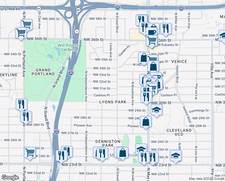 map of restaurants, bars, coffee shops, grocery stores, and more near 3104 Northwest 31st Street in Oklahoma City