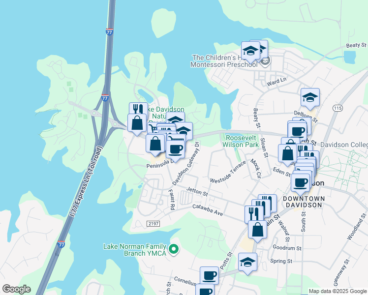 map of restaurants, bars, coffee shops, grocery stores, and more near 565 Griffith Street in Davidson