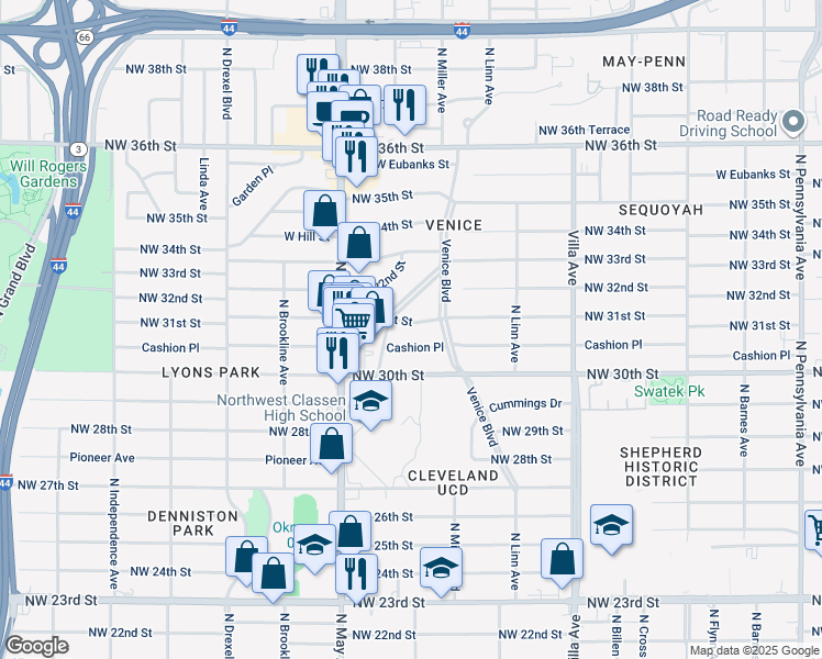 map of restaurants, bars, coffee shops, grocery stores, and more near 2720 Northwest 31st Street in Oklahoma City