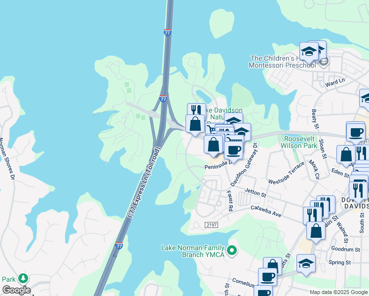 map of restaurants, bars, coffee shops, grocery stores, and more near 635 Davidson Gateway Drive in Davidson