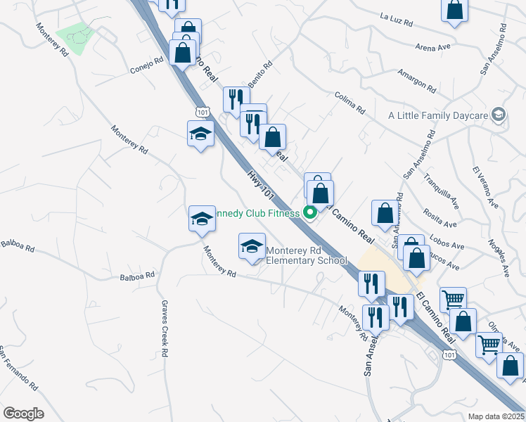 map of restaurants, bars, coffee shops, grocery stores, and more near 3127 Ramona Road in Atascadero
