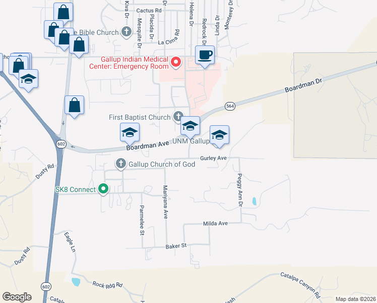map of restaurants, bars, coffee shops, grocery stores, and more near College Road in Gallup