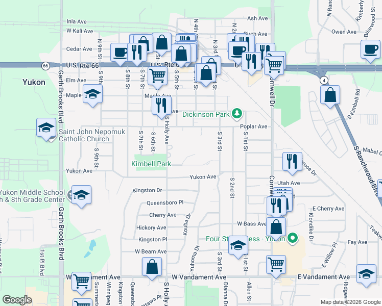 map of restaurants, bars, coffee shops, grocery stores, and more near 503 Turtle Creek Drive in Yukon