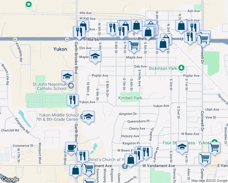 map of restaurants, bars, coffee shops, grocery stores, and more near 516 South 8th Street in Yukon