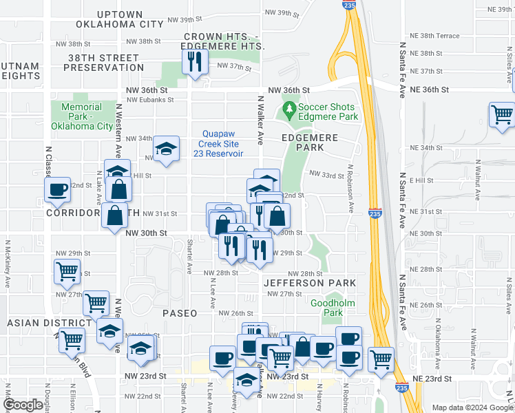 map of restaurants, bars, coffee shops, grocery stores, and more near 3209 North Walker Avenue in Oklahoma City